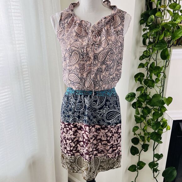 Cabi Pink & Blue Floral Patchwork Tiered Boho Earthy Sun Dress - Size XS - Picture 1 of 7